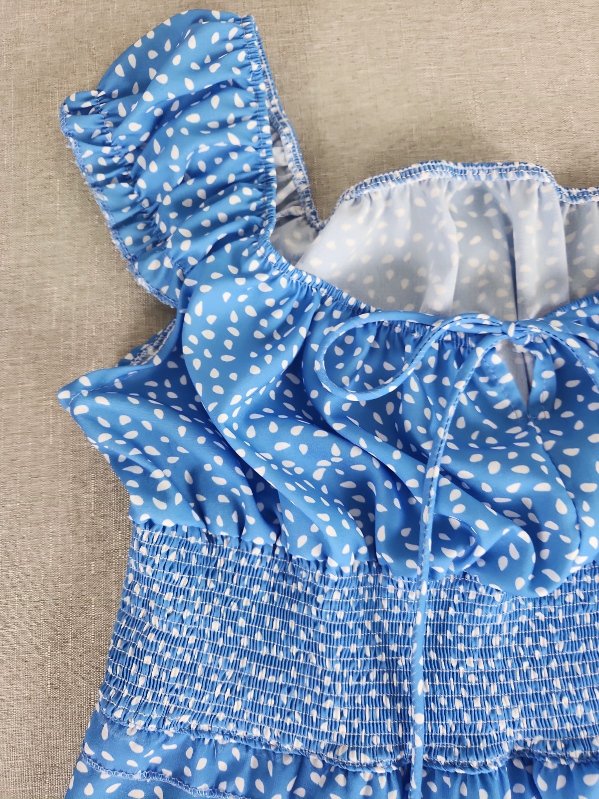 Milkmaid Style Blue Floral Smocked Mini Dress Ruffle Cap Sleeve Medium Flirty