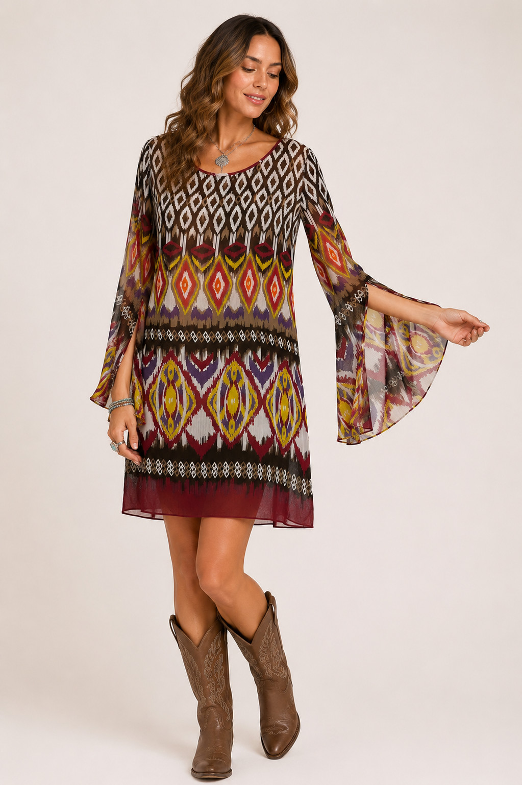 Wrangler Aztec Ikat Print Tunic Dress Size XL Bell Sleeve Boho Southwestern Chic