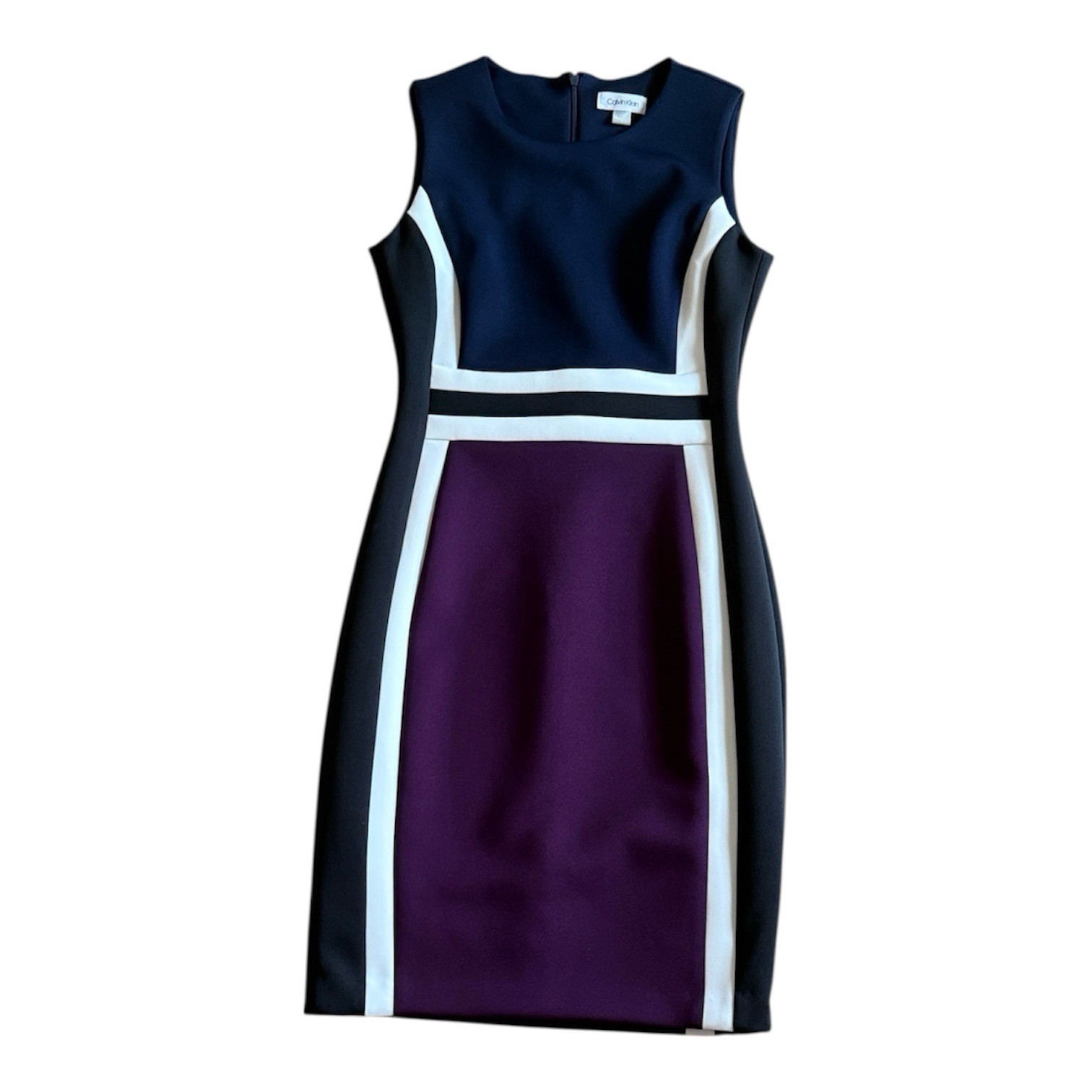 CALVIN KLEIN SLEEVELESS COLORBLOCKED NAVY & WINE SHEATH DRESS HITS AT KNEE SZ 4