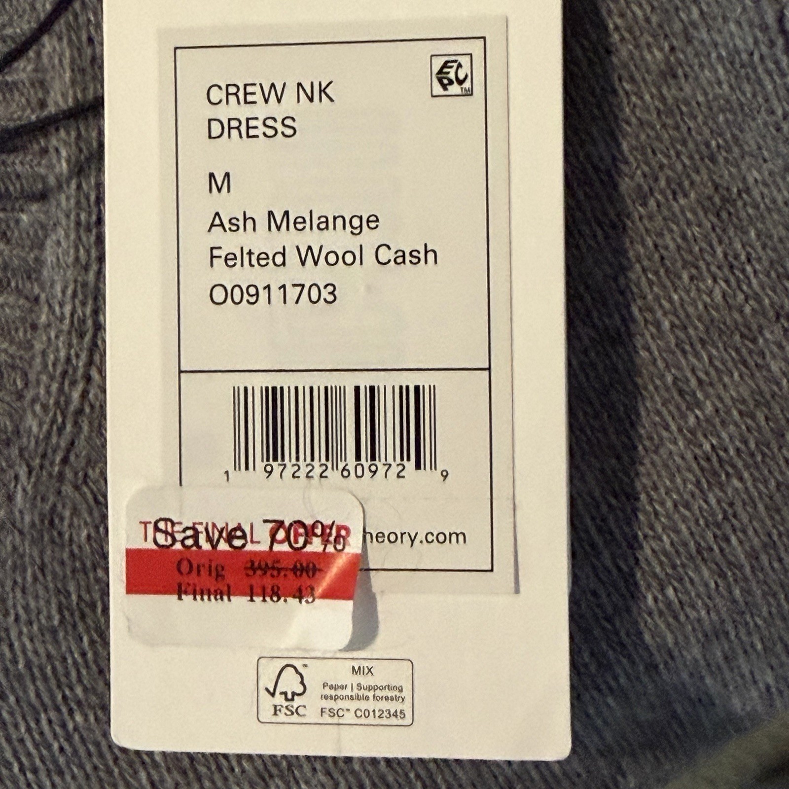 Theory Grey Wool & Cashmere Blend Fabric -SZ M- Short Sleeve Knit Dress Stretch