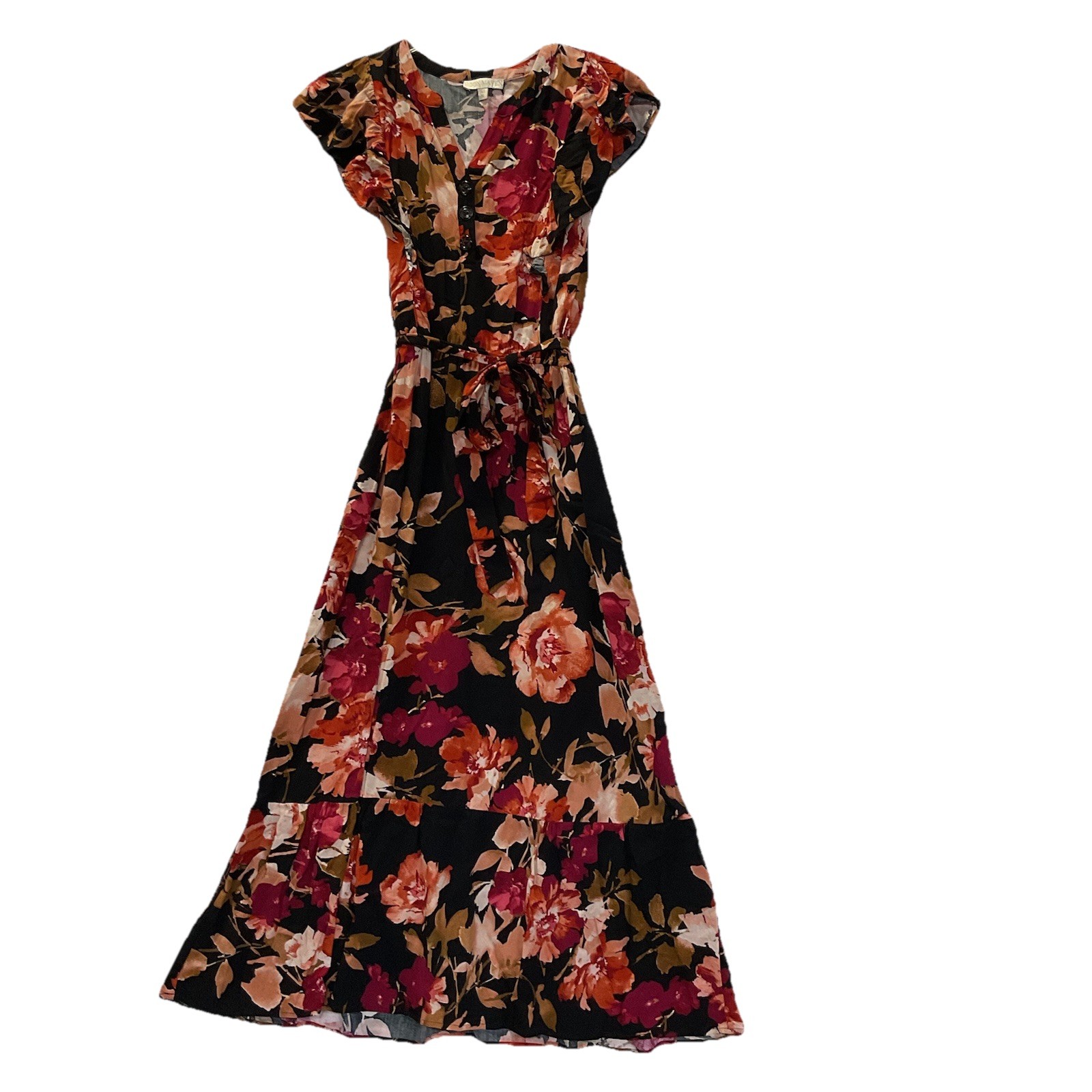 Moon Maven sz XL Black Floral Midi Dress Flutter Sleeve Tie Waist