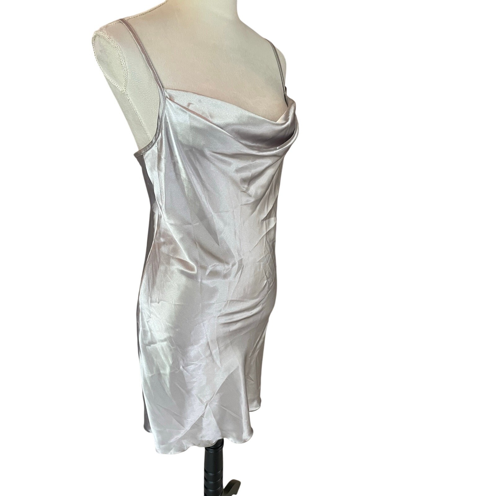 BEBE “Platinum” silver satin slip mini dress