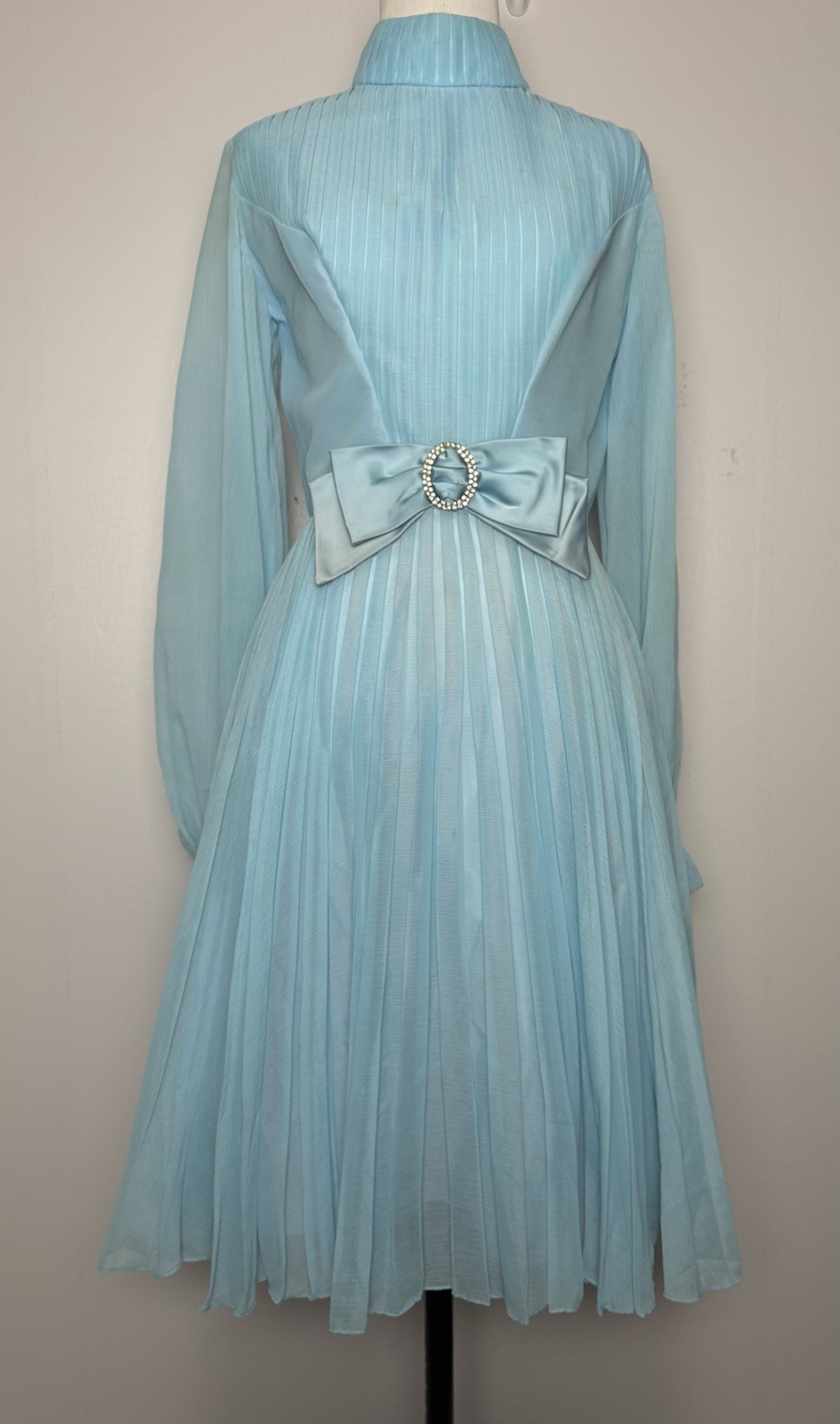 Vtg 60s Blue Organza Party Dress 8/10 Pleated Rhinestone Bow USA Wedding Guest