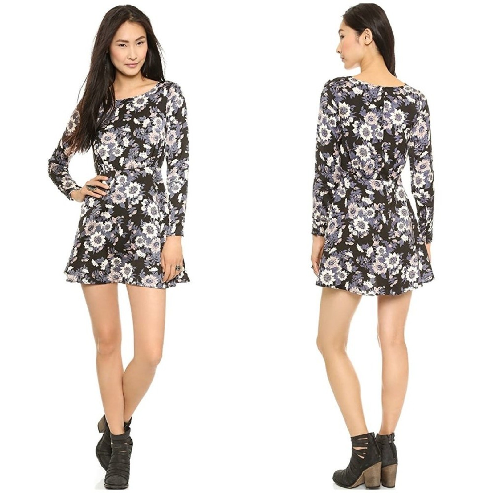 Free People Parker Dress Ink Floral Black Gray Cream Sleeves Button Ruching 4