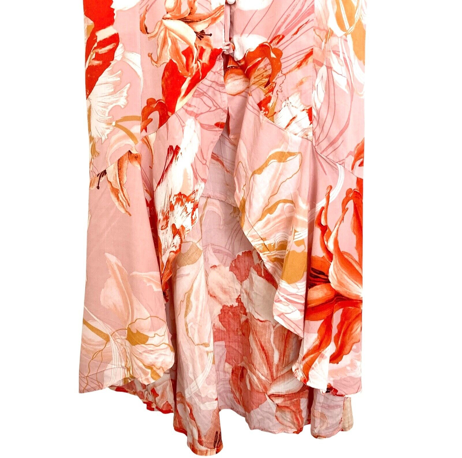 ABEL THE LABEL Lola Flower Bomb Midi Dress Sz M Flounced Hi Low Cutout Back Pink