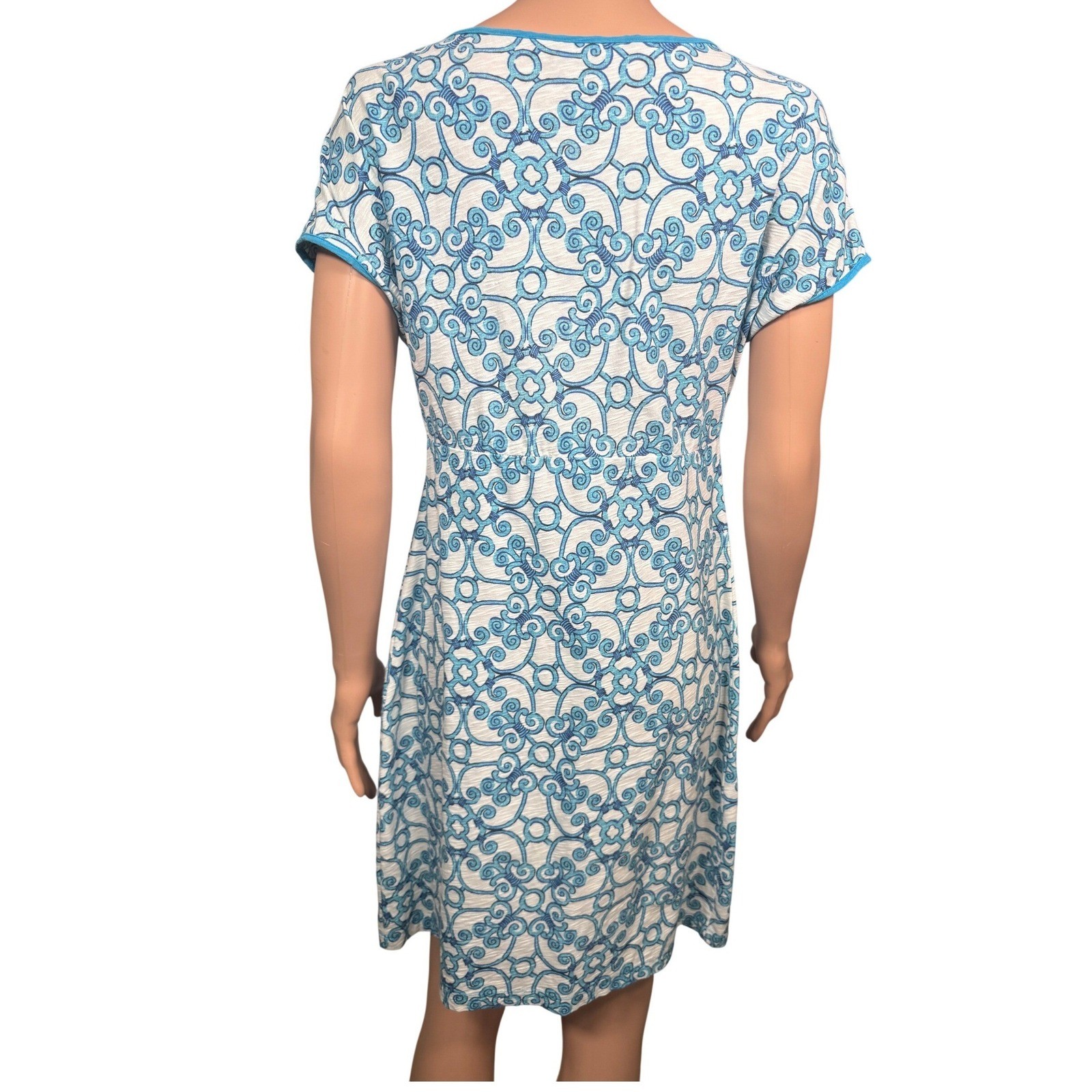 Tommy Bahama Womens Small Turquoise White Scroll Print Slub Knit Shift Dress