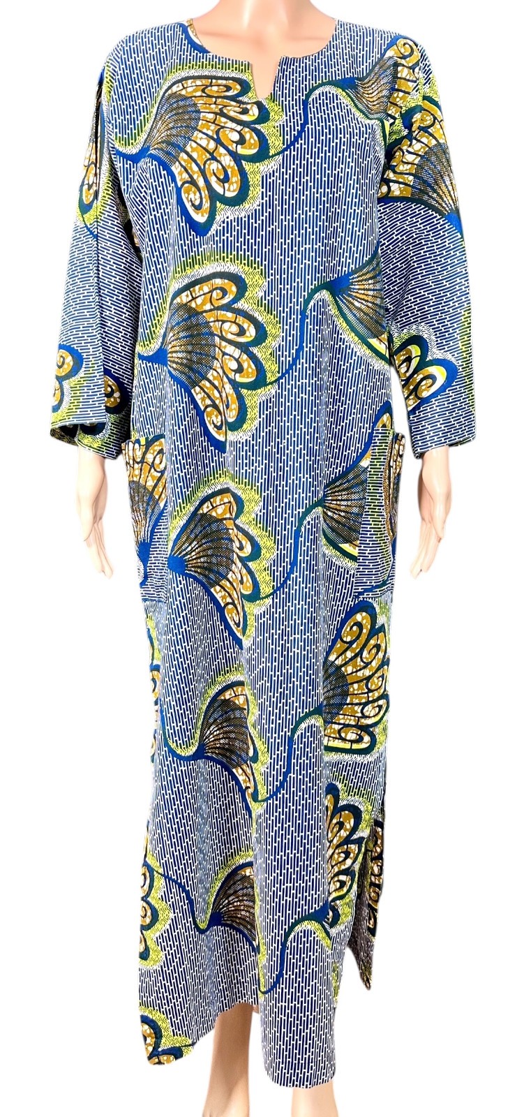 Vintage African Ankara Wax Print Caftan Maxi Dress Cotton Handmade Pockets M