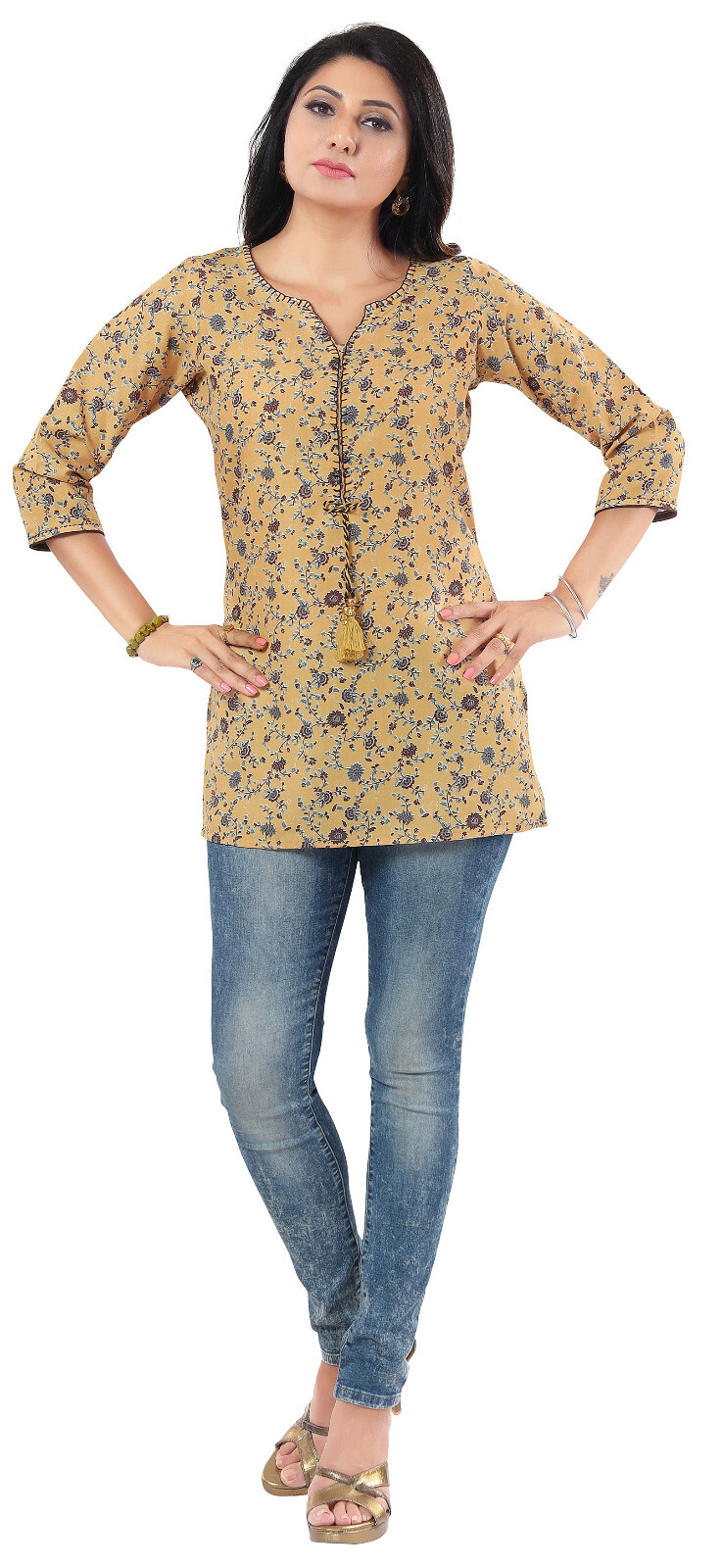Kurtis Women Cotton Yellow Floral Indian Kurti Tunic Kurta Shirt Dress DKS15