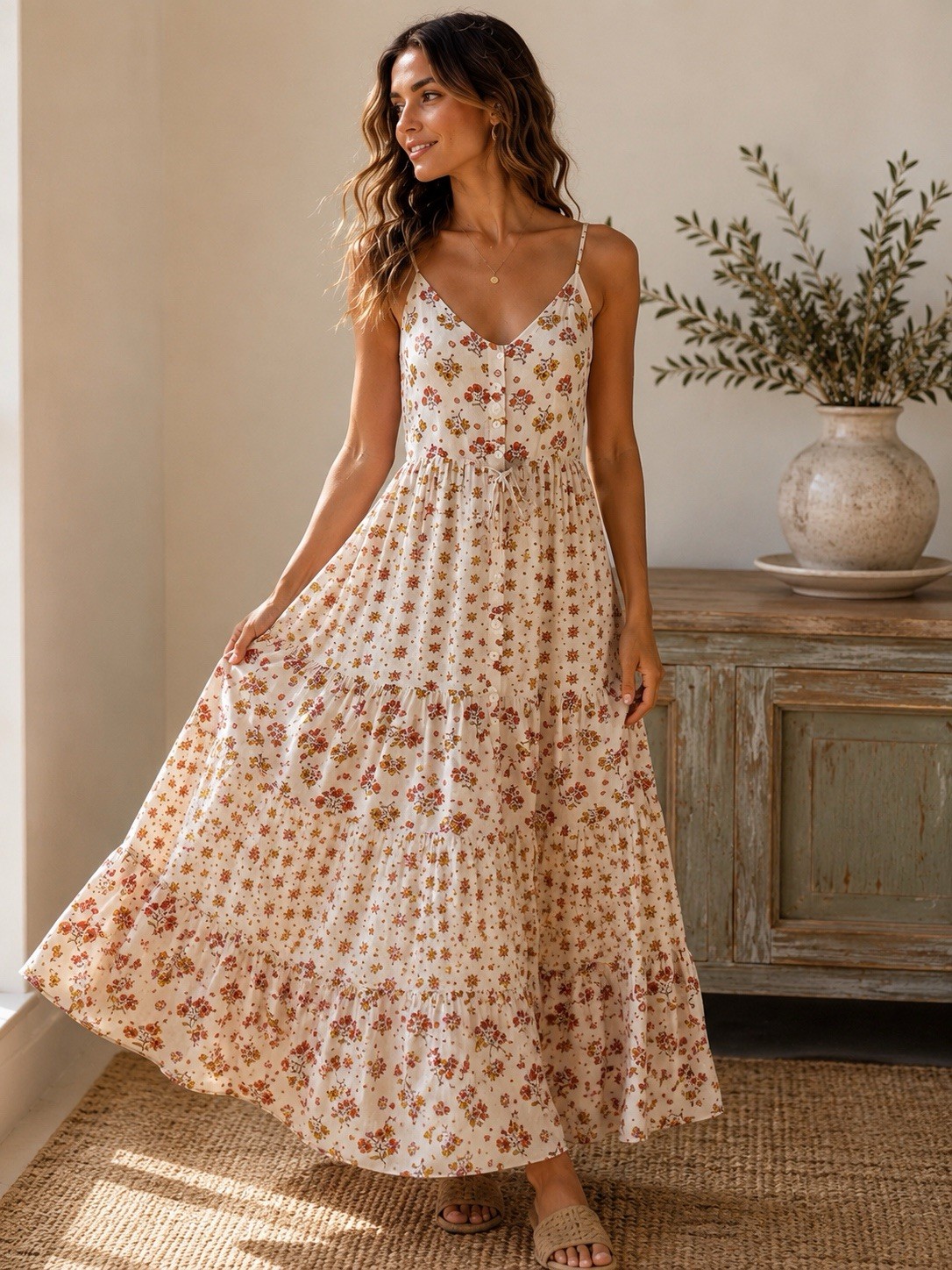 Boho Tiered Floral Midi Dress Cottagecore Prairie Sundress NWT M Granola Gypsy