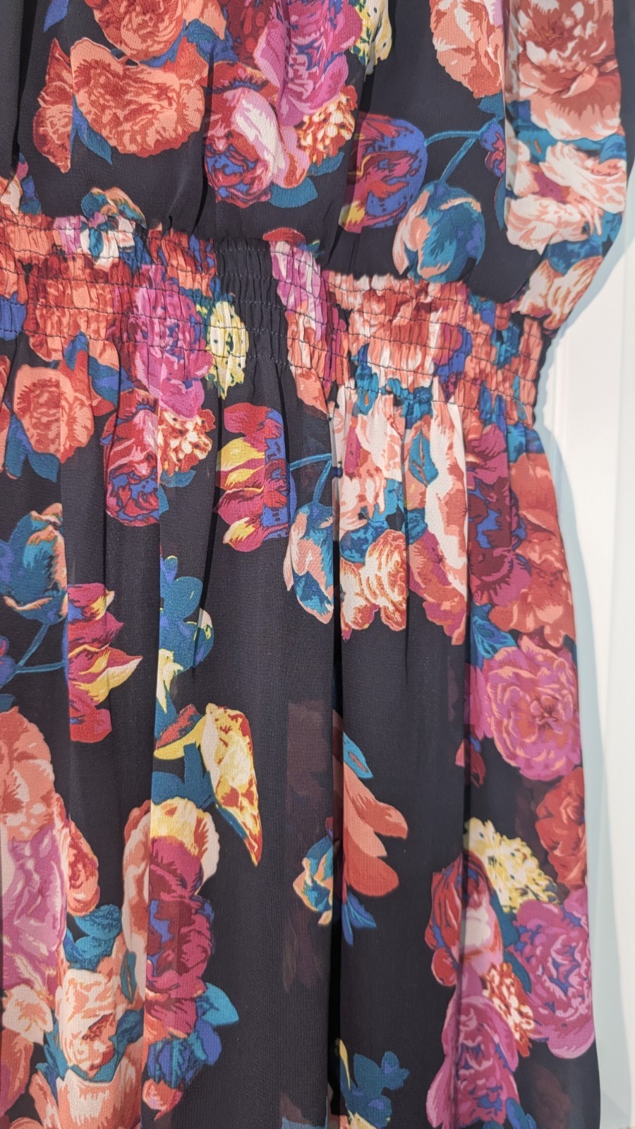 Sweet Storm Black Multicolor Floral Chiffon Smocked Square Neck Maxi Dress L