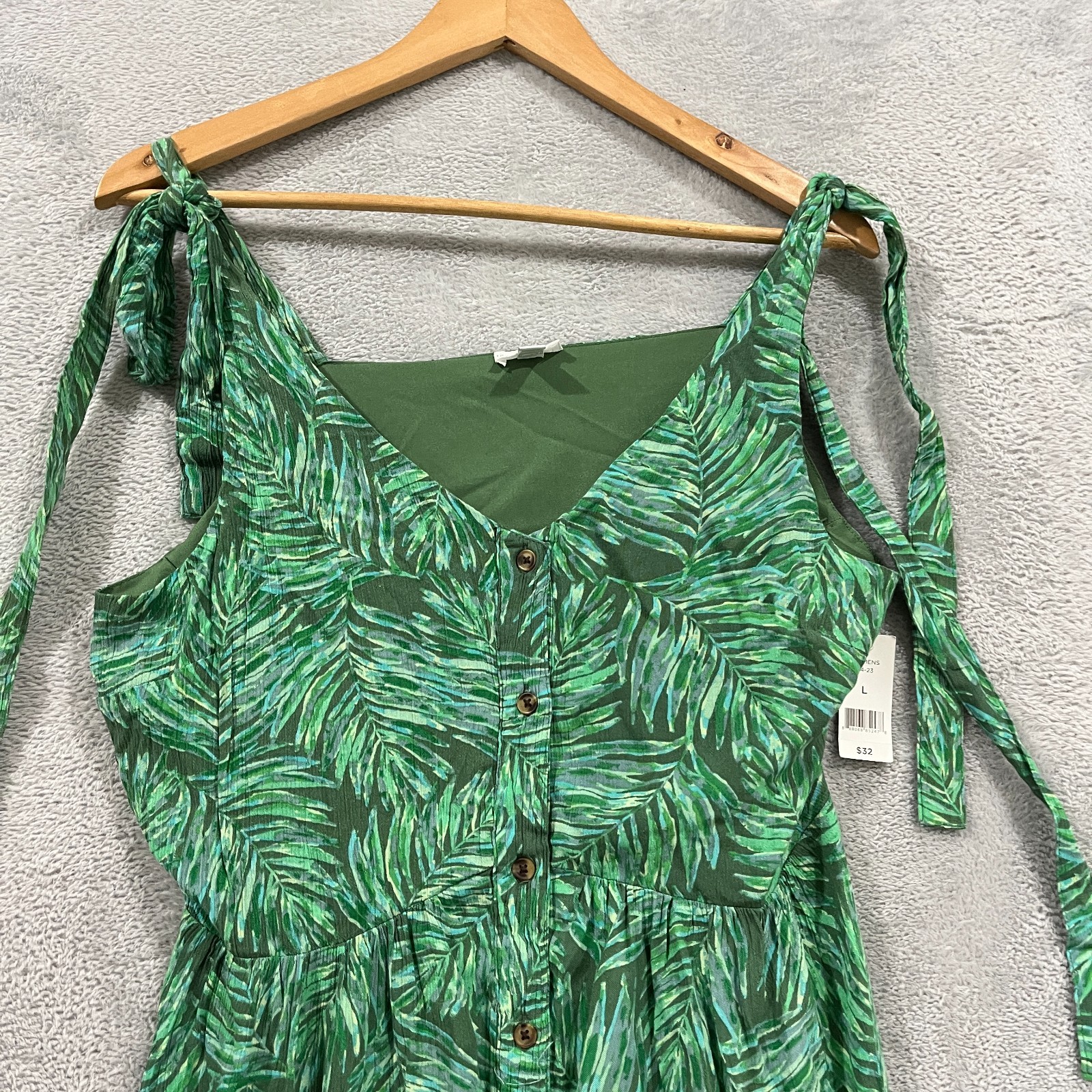 Dip Dress Large Chiffon Sleeveless Tie Straps Button Up Lined Green Aloha Boho