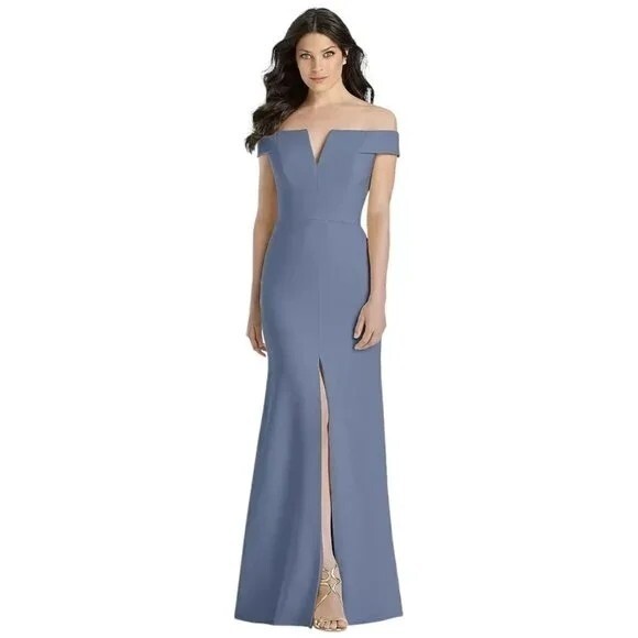 Dessy Collection Womens Notched Off Shoulder Crepe Gown Larkspur Size 14 NWT