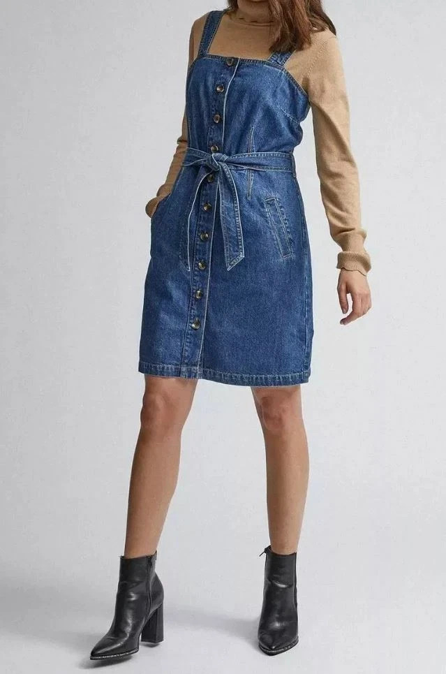BEAUTIFUL DENIM PINAFORE BUTTON FRONT BELTED SIDE POCKETS DRESS SIZE UK 14 NEW