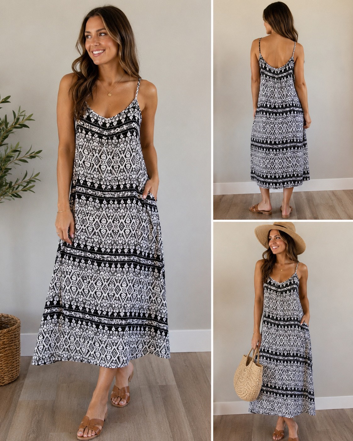 ANA A New Approach Women’s Large Black White Geometric Sleeveless Midi Dress