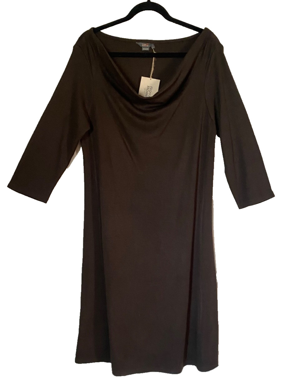 ROYAL ROBBINS Sweater Dress Winter Wool Blend Dk Brown Thermal Draped Neck L NWT