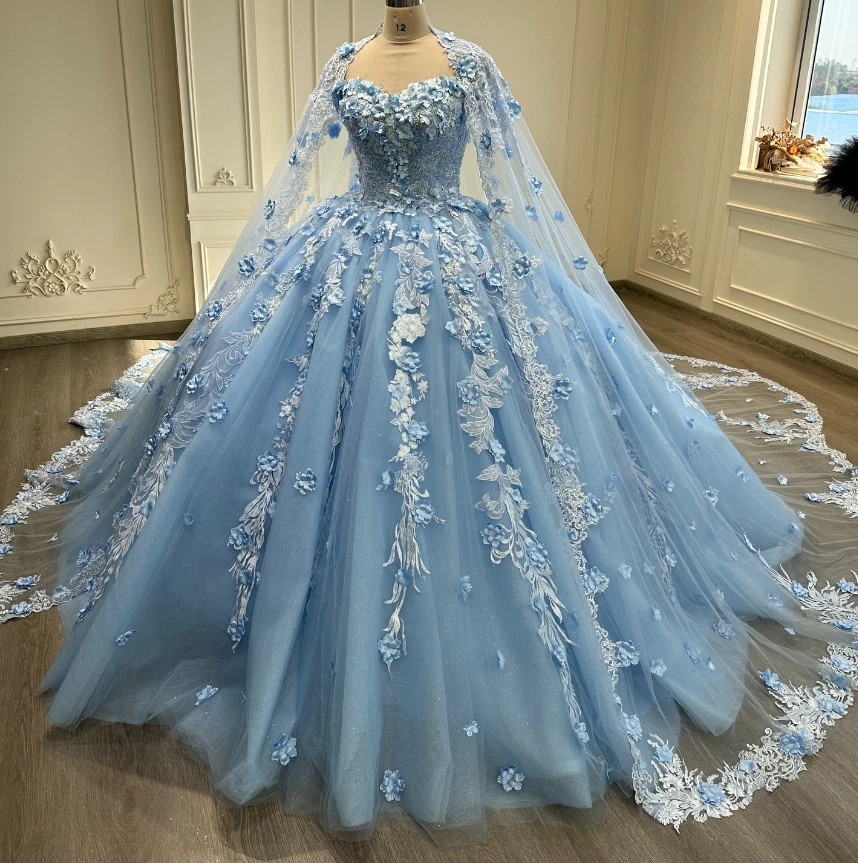 Princess Sky Blue Quinceanera Dresses with Cape Corset Lace Up Sweet Ball Gowns