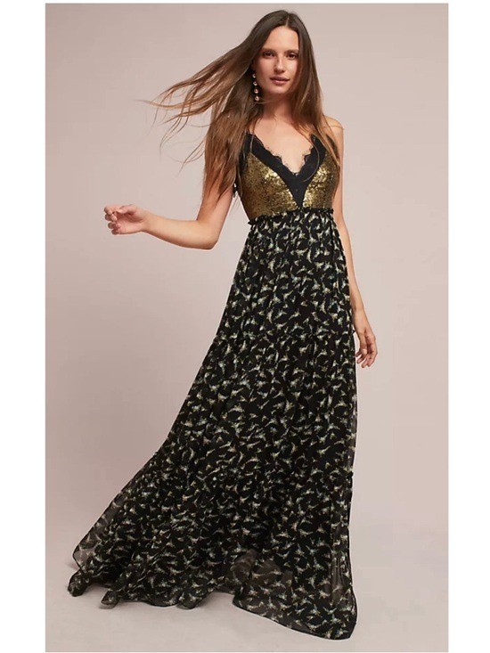 Anthropologie Ranna Gill Lakshmi Sequin Floral A-Line Maxi Dress Black 8