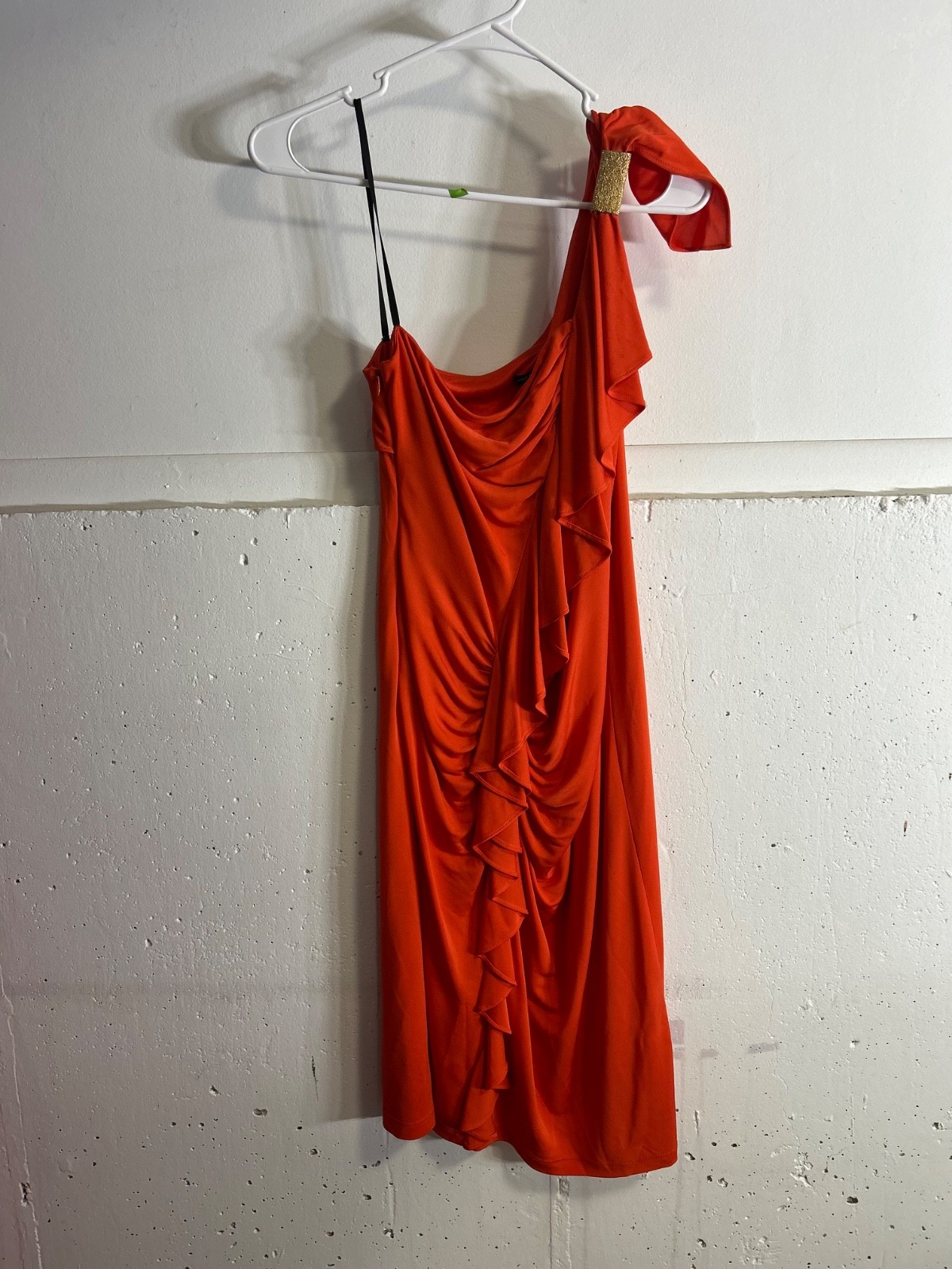 David Meister One-Shoulder Orange Red Ruffle Dress