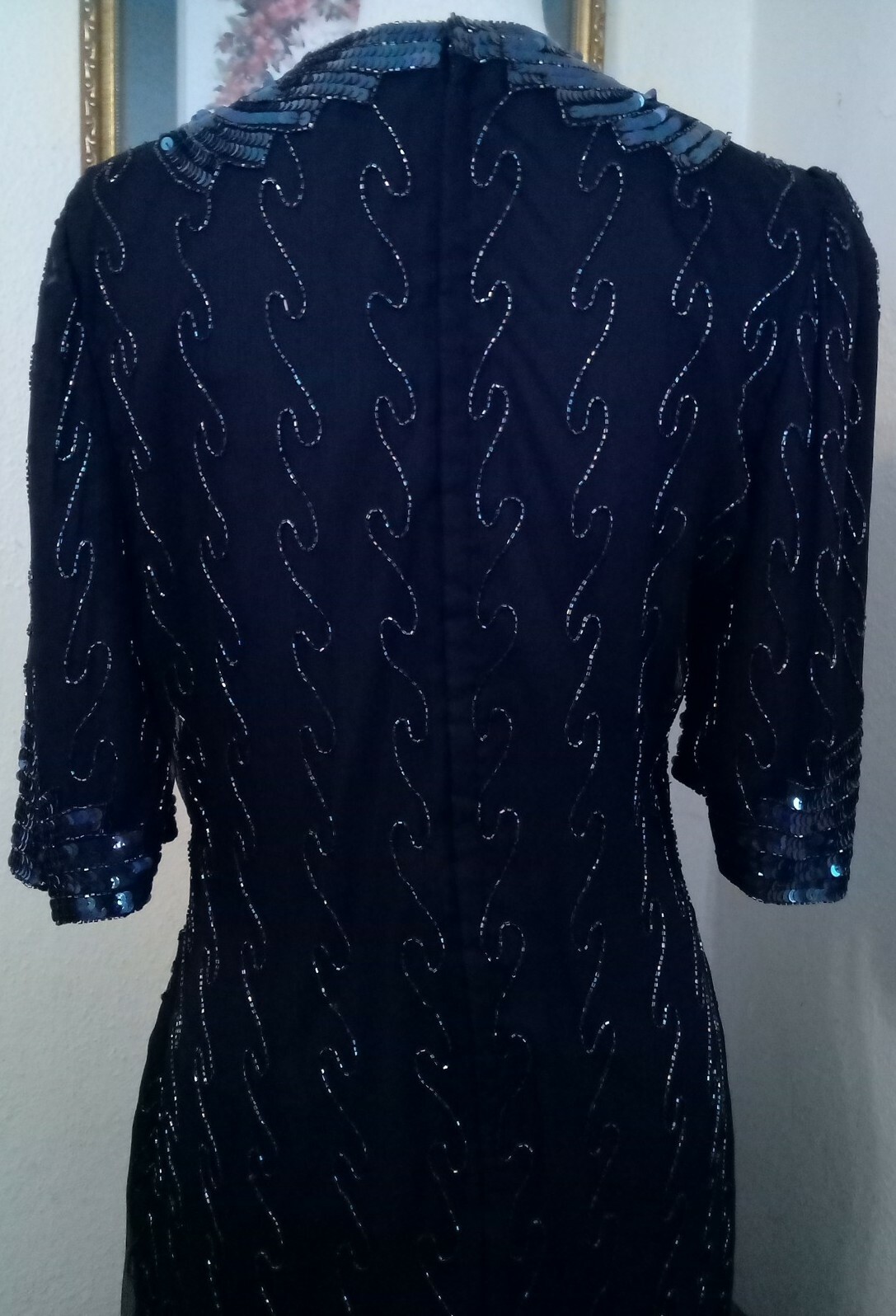 Creative Creations Large Dress Midnight Blue Beaded Sequins Silk Short Sleeves