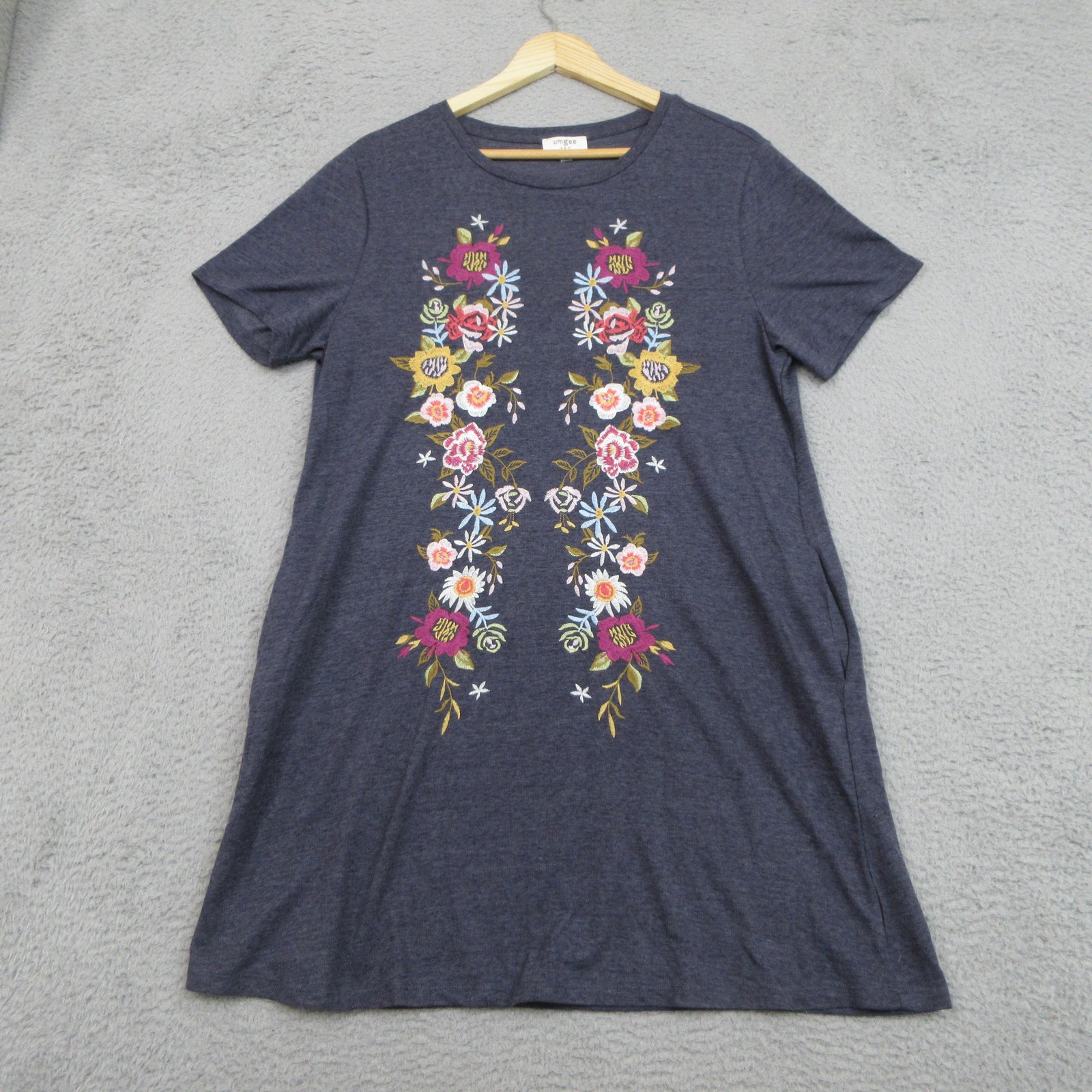 Umgee USA Dress Womens Large Heather Gray Floral Embroidered Tunic Pockets N411