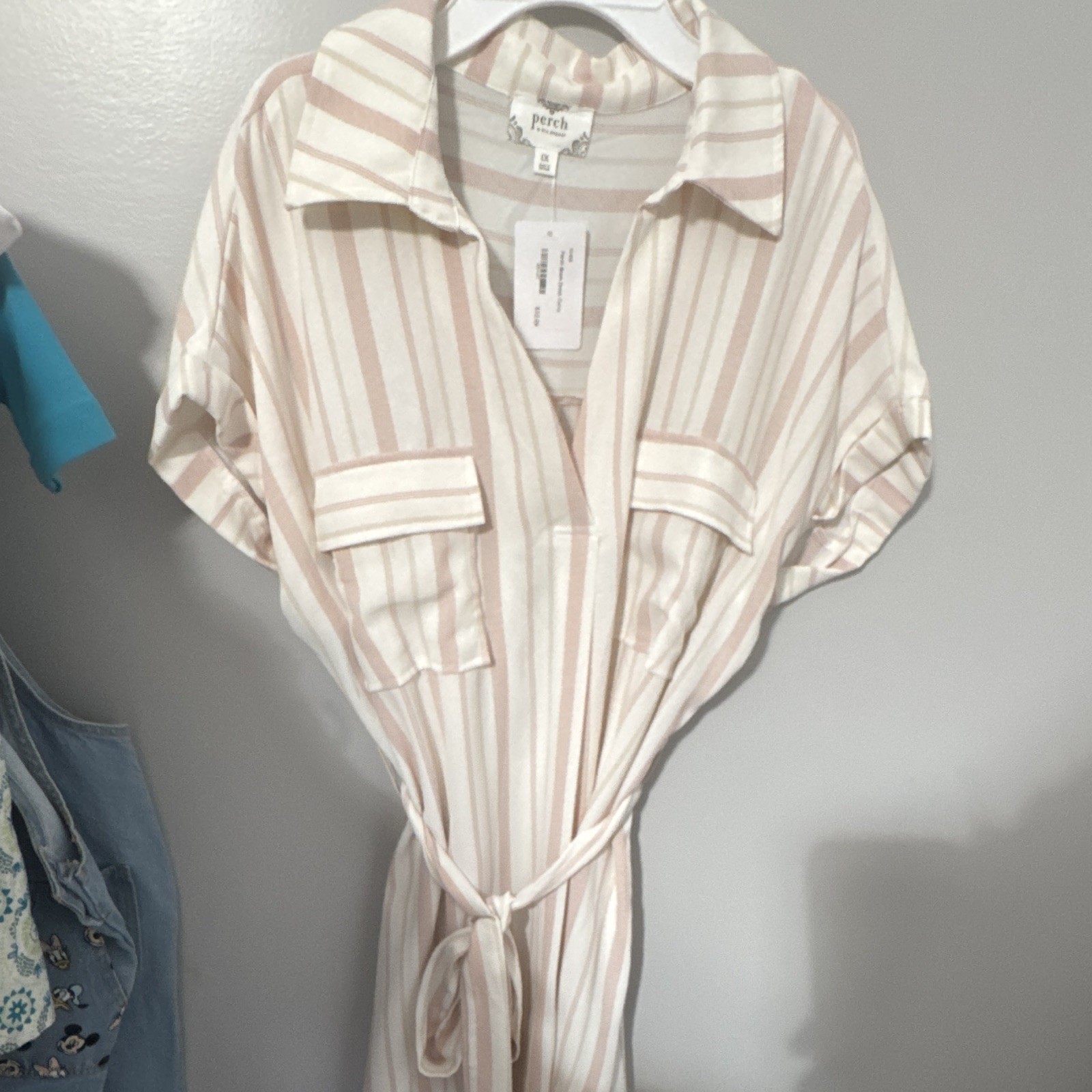 Perch by Blu Pepper Blush/White Striped Belted Shirt Dress Plus 1X