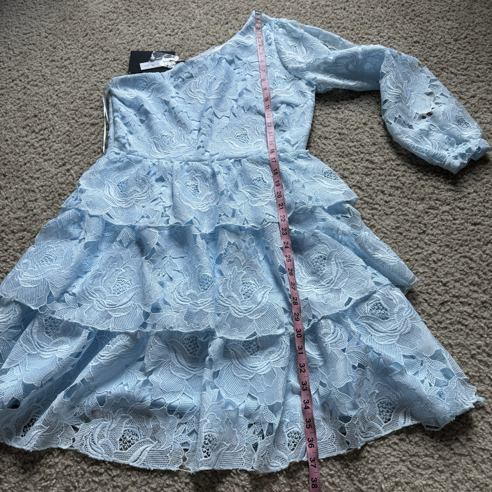 NWT Layered With Love One Sleeve Dress Sz M in Blue Sky Lace Above Knee