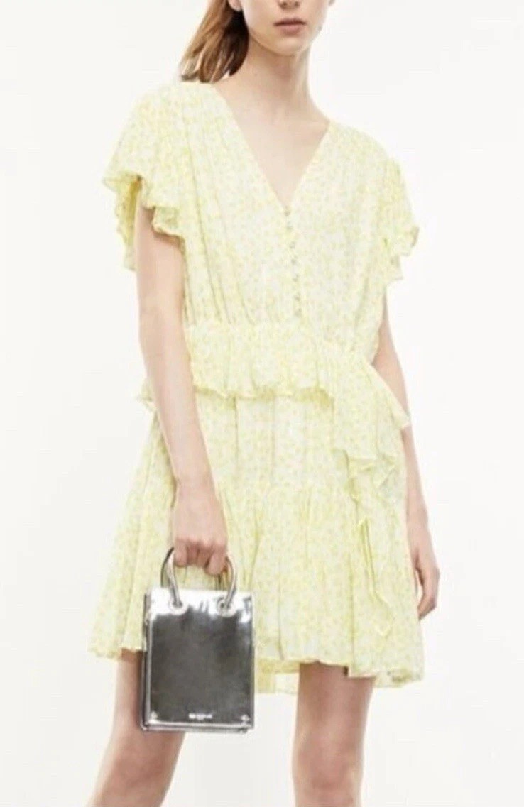 The Kooples Dress Butter Yellow Size 4 Asymmetric Frill NWOT