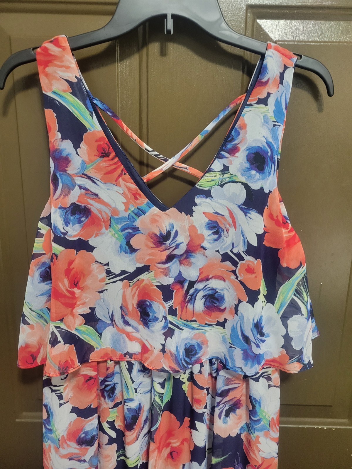 Lily Rose Womens Large Floral Maxidress Criss Cross Back Boho Light Flowy Summer