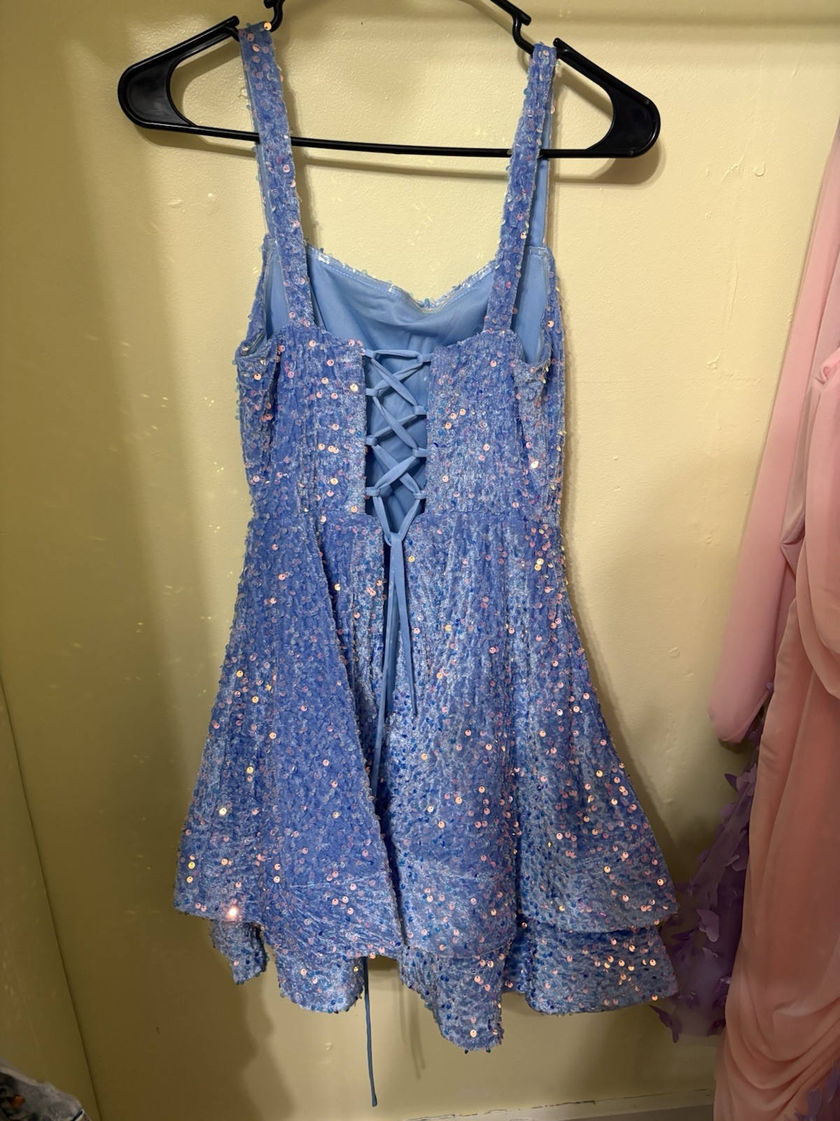 Light Blue Flowy Sparkly Sequin Short Homecoming Dress Square Neck Size Small