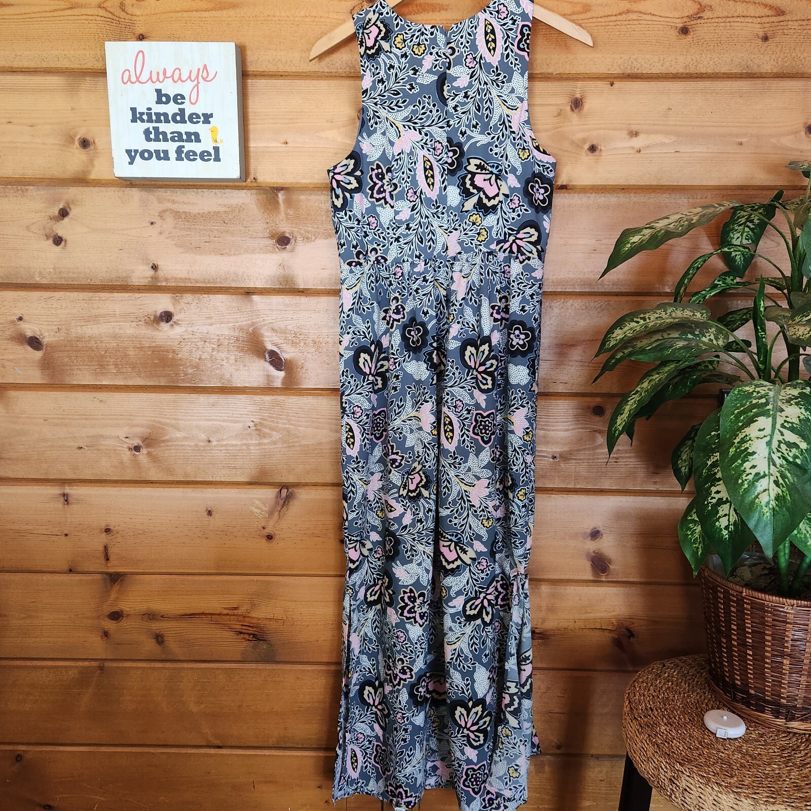 LOFT Sleeveless Floral Grey Pink Maxi Dress Side Slits Sheath Pleated Lined Sz 4