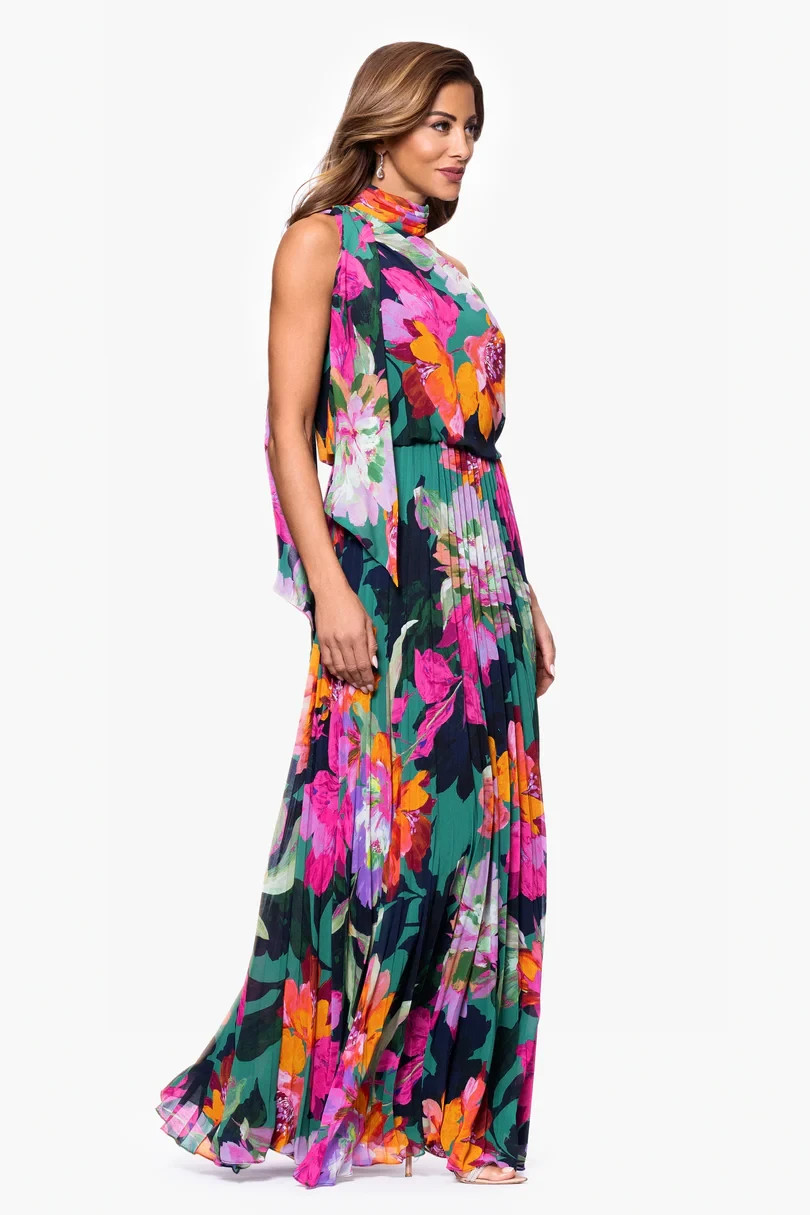 Xscape Green Multi Pleated Chiffon Floral Scarf Blouson Maxi Dress Size 10 $259