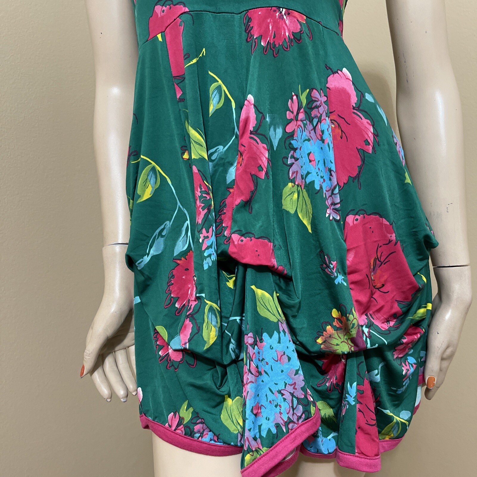 Women’s Green Floral Bright Polyester Casual Stretch Open Tie Size L Sundress