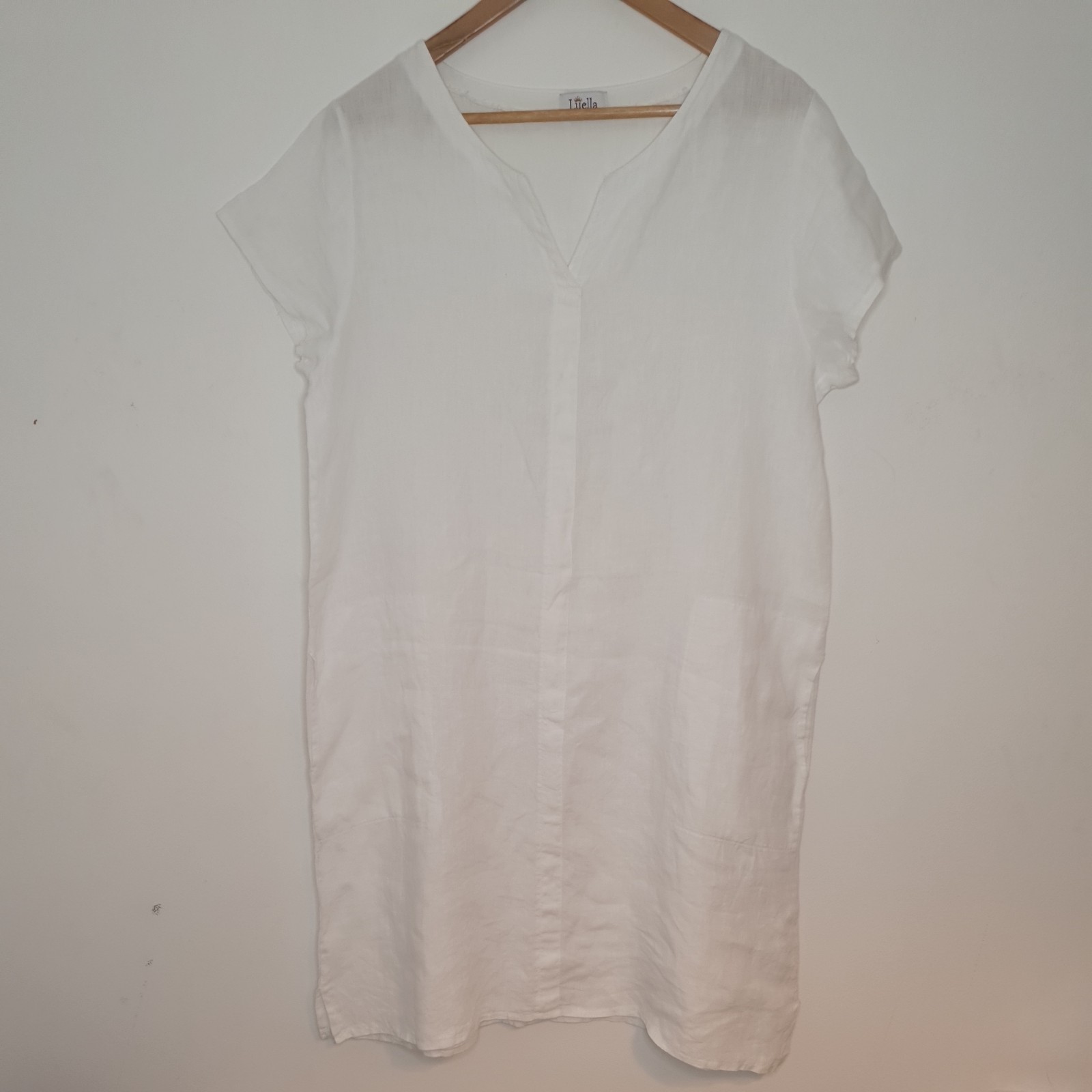 Luella Size M/L 100% Linen White Lagenlook Dress 2 Pockets Holiday Cruise Italy