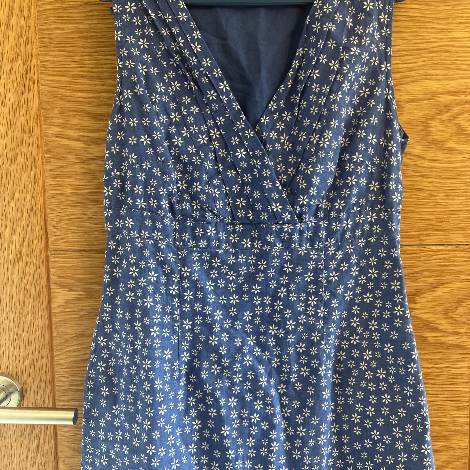 Per Una Dress UK 8 Blue White Floral Beaded Linen Cotton Blend Pockets Summer