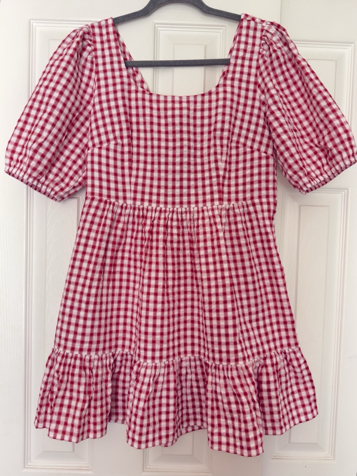 LOFT Red/White Gingham Square Neck Puff Sleeve Bow Back Mini Dress 4 Cotton