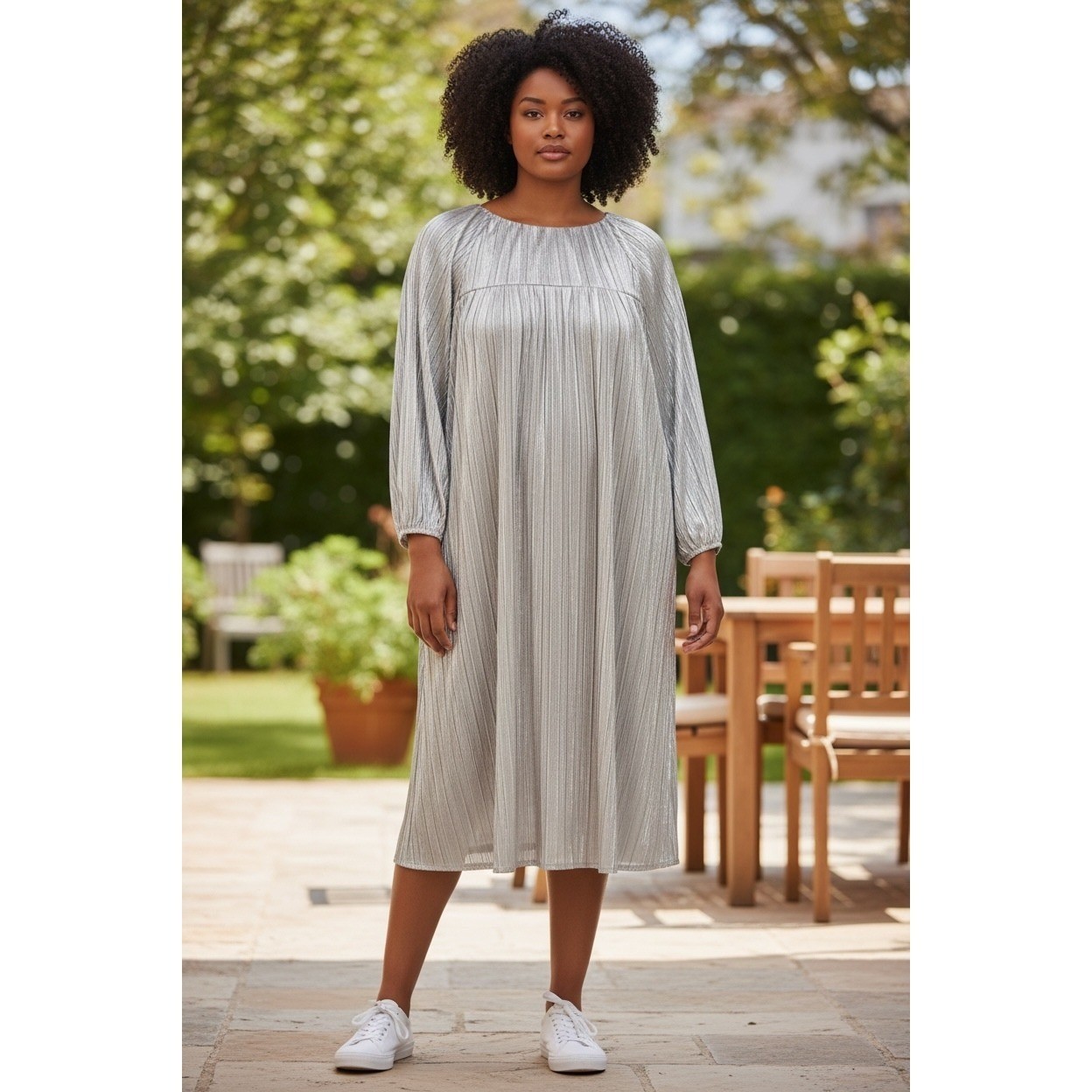 Daniel Rainn Silver Metallic Plisse Long Sleeve Tie Back Shift Dress XXL NWT