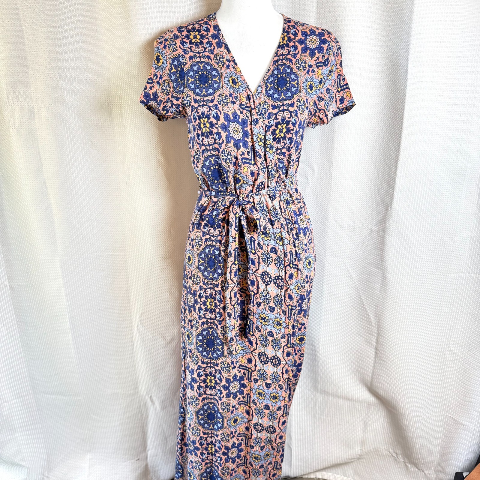Olivaceous Dress Womens Sz M Maxi Wrap Geometric Floral Boho Festival Beachy EUC