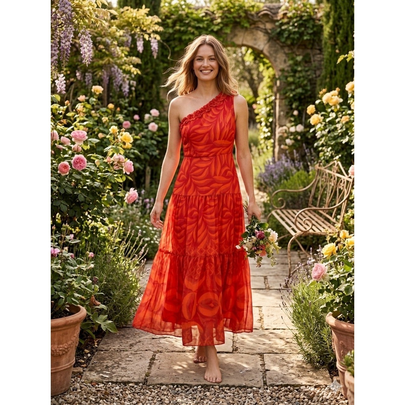 Taylor One-Shoulder Red Floral-Print Maxi Dress