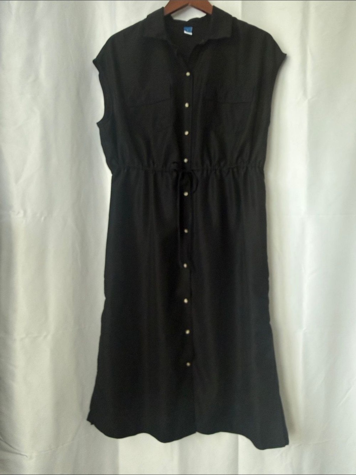 Old Navy Black Button-Front Midi Dress with Drawstring Waist