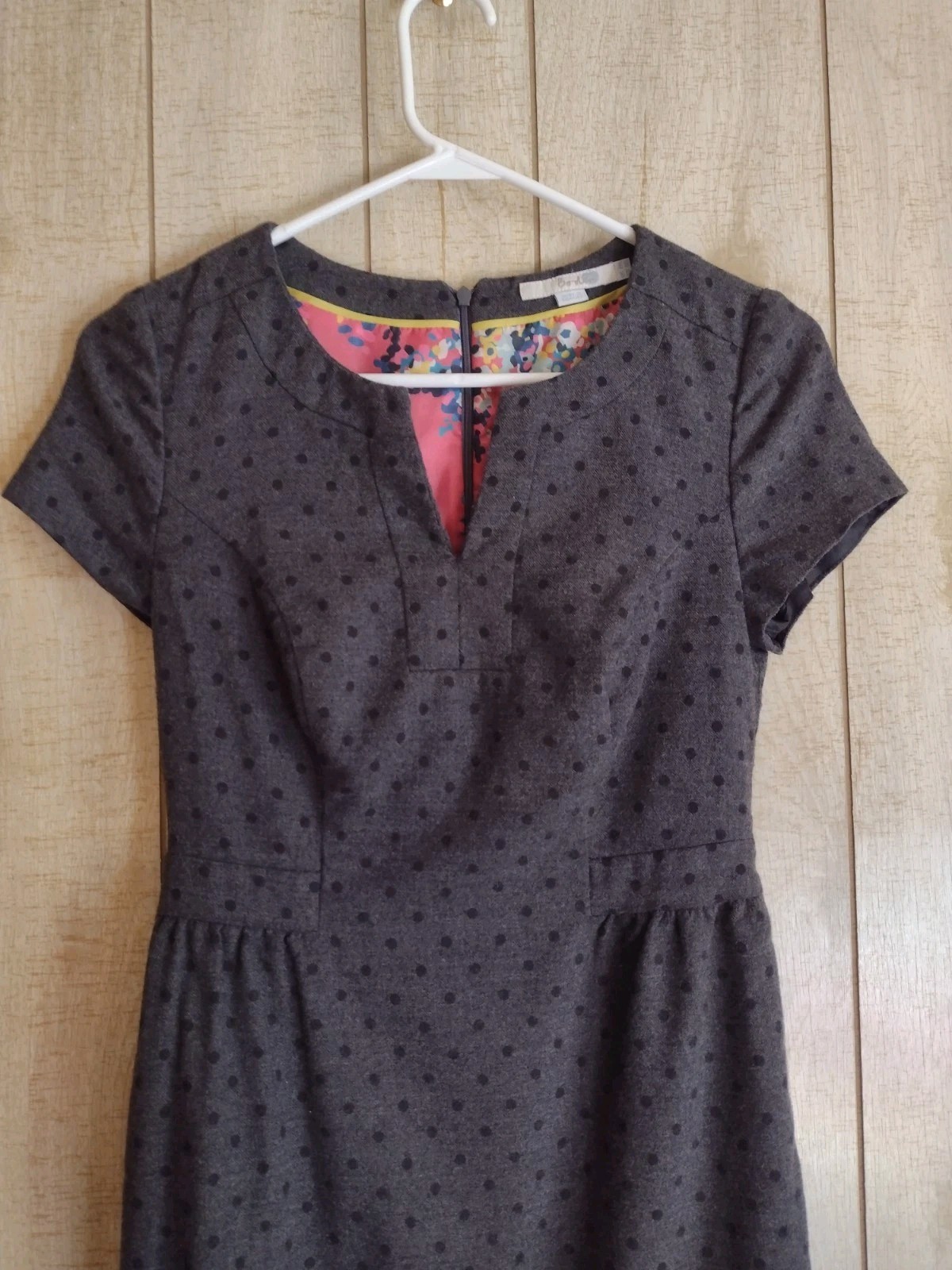 Boden Wool Blend Polka Dot Floral Lined Tulip Split Neck Cap Sleeve Dress Grey 4