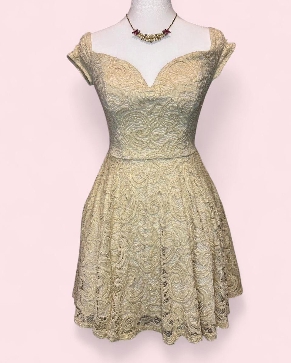 B Smart Beige Lace Glitter Sweetheart Fit & Flare Short Dress Size 1