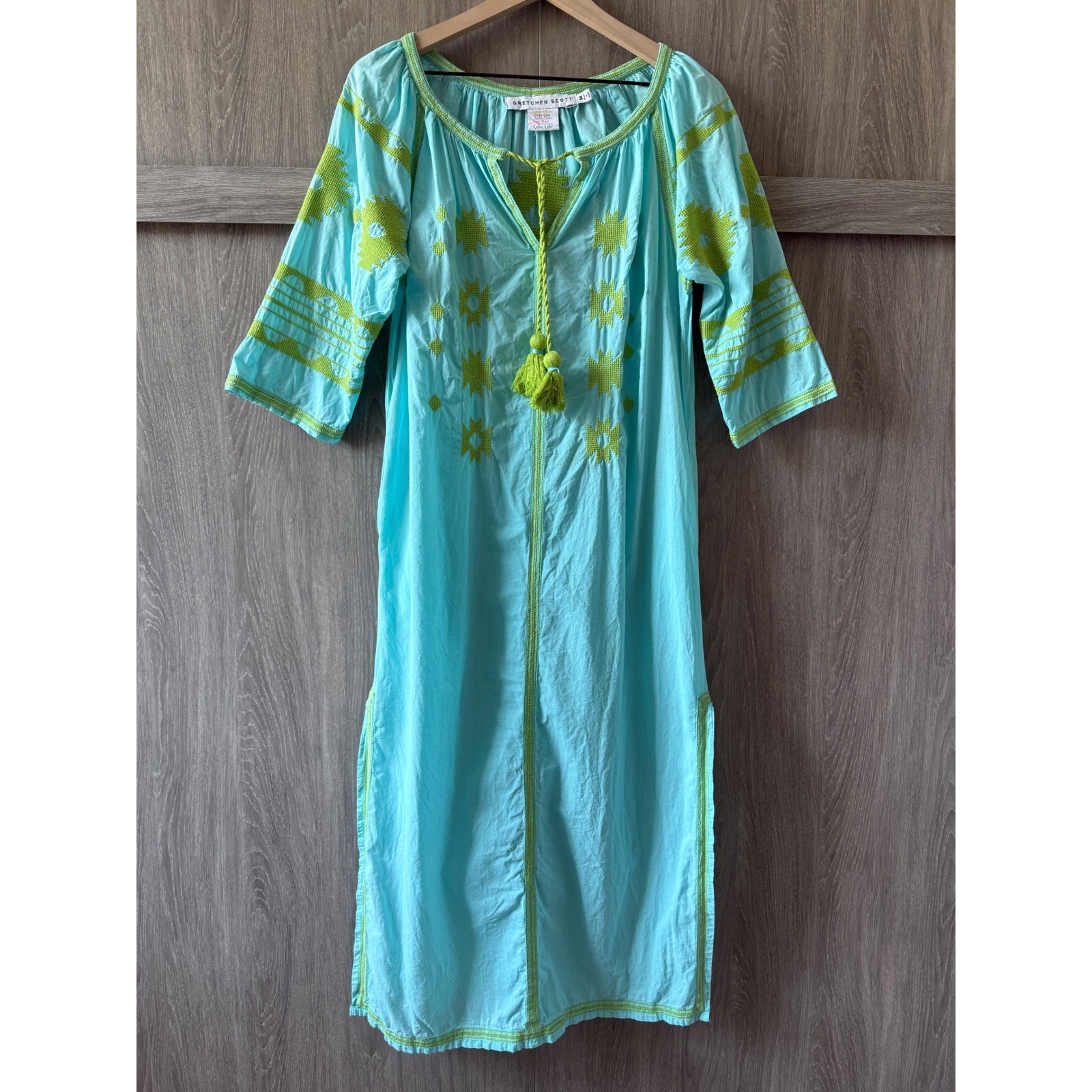 Gretchen Scott Montezuma Embroidered Midi Dress Women Med Turquoise Boho Tassel