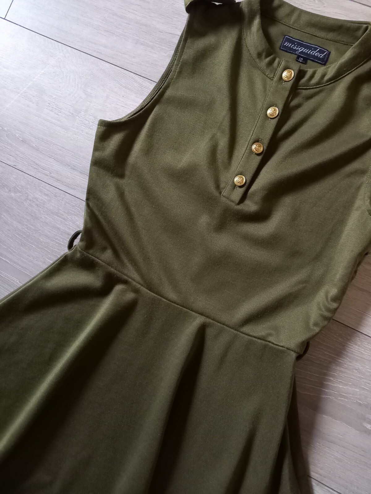 Missguided Khaki Green Stretch Flared Dress Utility Casual Feature Buttons UK10