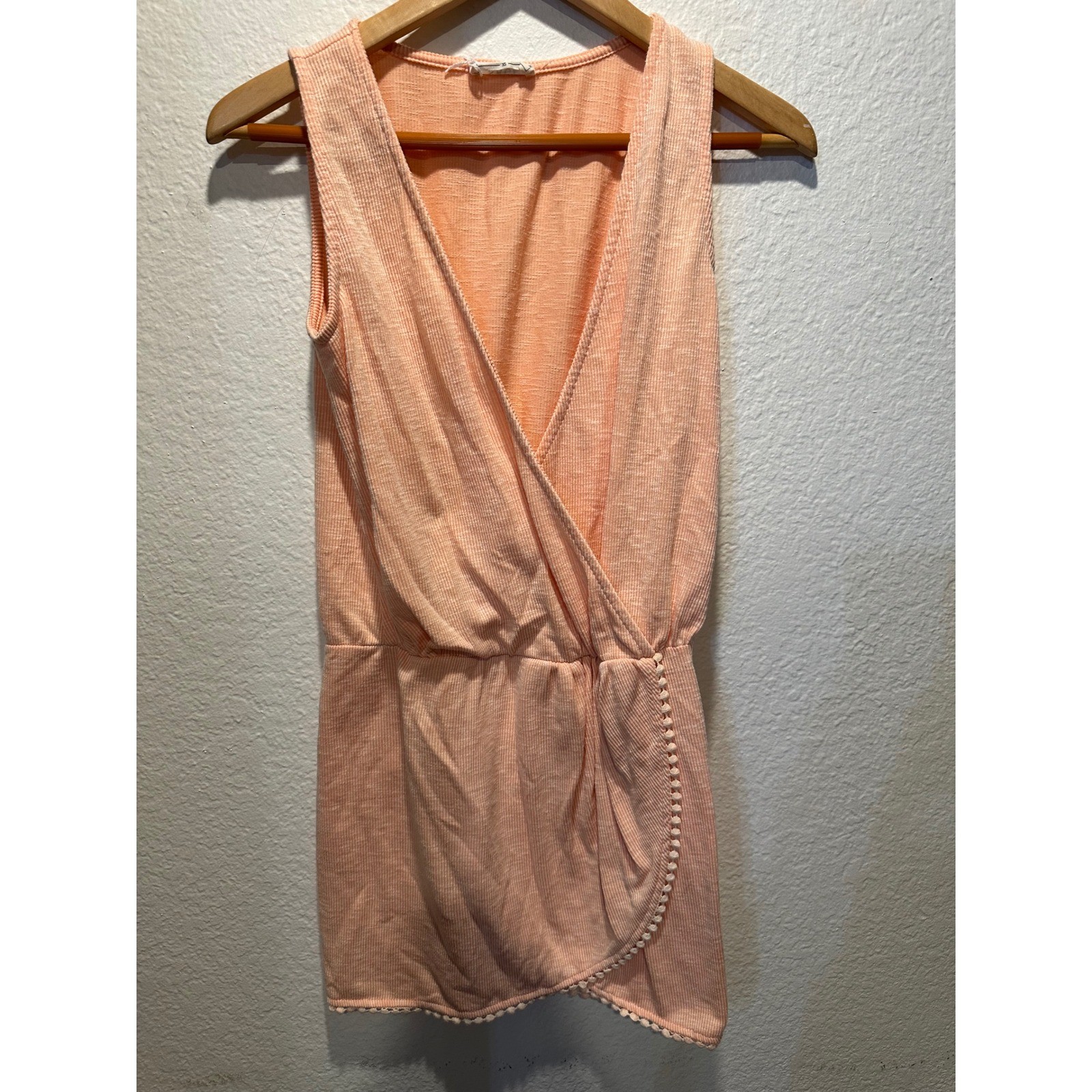 Lulu Sage The Label Peach Ribbed Sleeveless Wrap Dress Pom Pom Trim XS