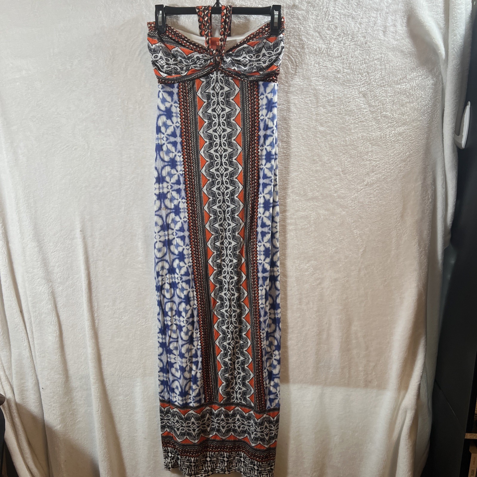 Hale Bob Cabana Strapless Maxi Dress Blue White Orange Aztec Boho Pattern Size S