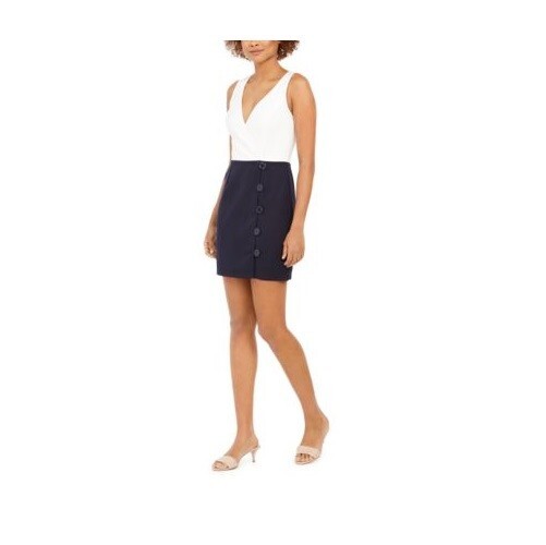 Teeze Me Junior Women 13 White Navy V Neck Bodycon Mini Dress NWD DB59