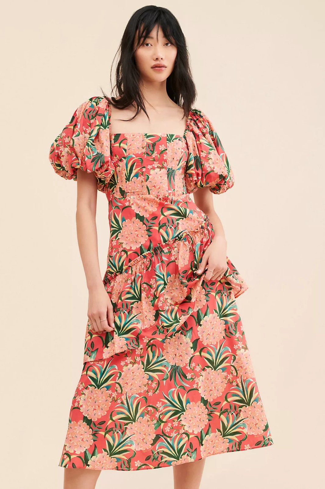 NWT Farm Rio Pineapple Bloom Red Cut Out Midi Dress Puff Sleeve Sz XS $275