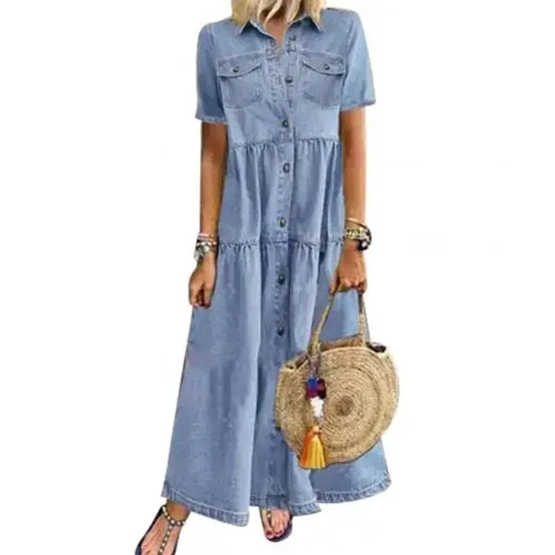 Retro Women Dresses 2022 Short Sleeve Turn Down Collar Pockets Button Long Loose