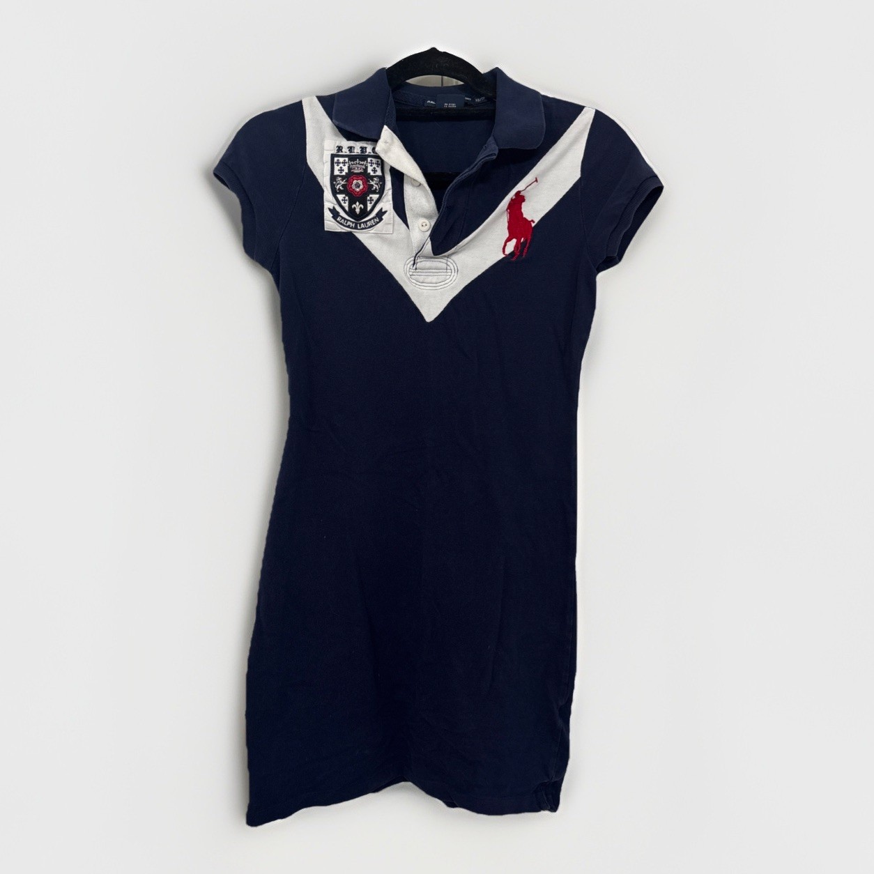 Ralph Lauren Preppy Aesthetic V-Chevron Polo Dress Big Pony Womens XS Navy Blue