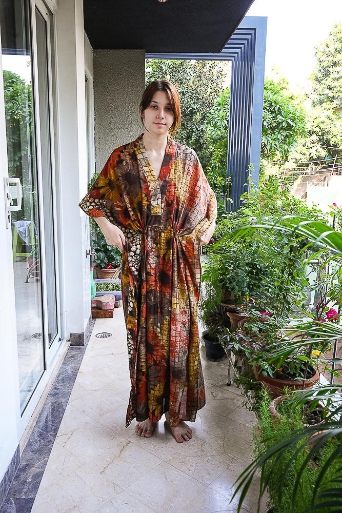Silk Brown Kaftan / Handmade Flowy Maxi Dress / Resort Wear Outfit PS MFN1054